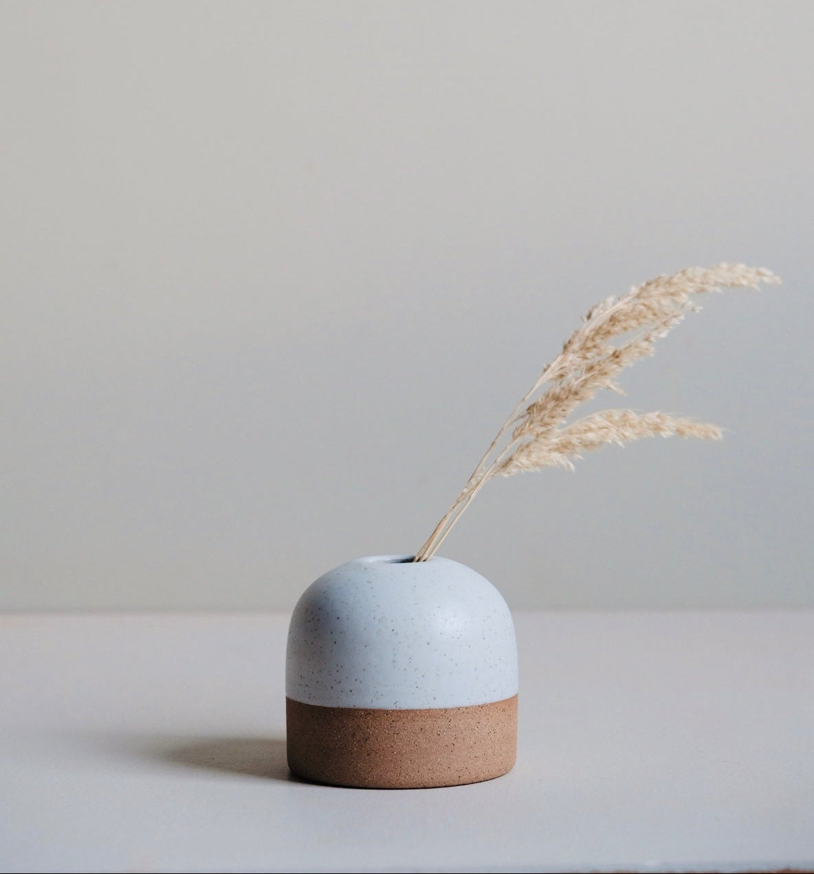 Small ceramic vase with a natural finish on a light surface against a plain background