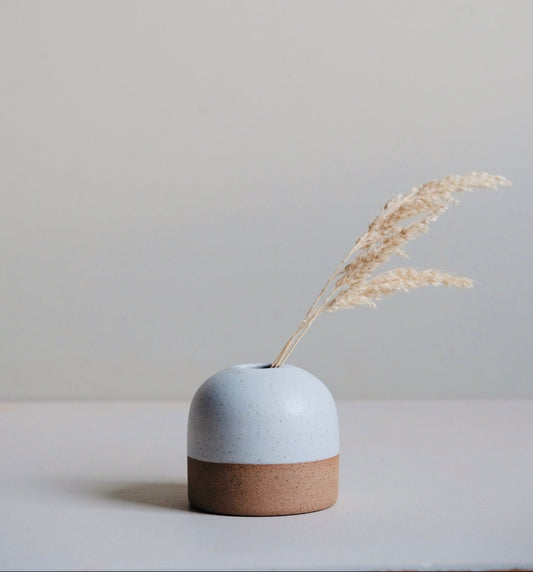 Small ceramic vase with a natural finish on a light surface against a plain background